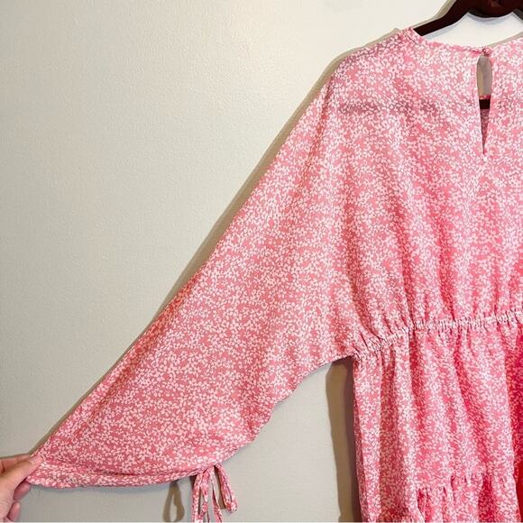 Influence Women's Pink Floral Crew Neck Shirred Sleeve Tiered Mini Dress Size 8 - Picture 8 of 16